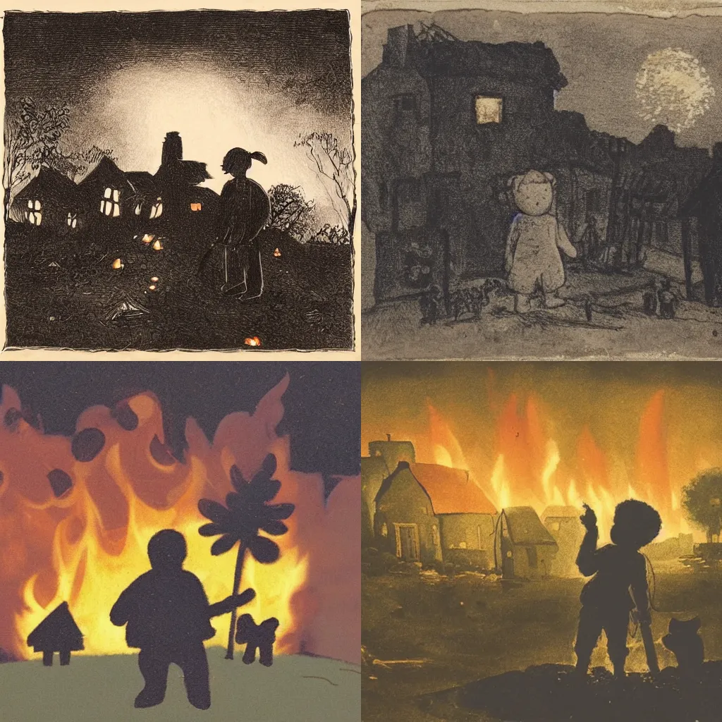 Prompt: a village burning from a raid, with a silhouette child holding a teddy bear looking forlornly, during night, tragic