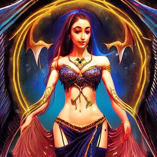 Prompt: photo of a cute female bellydancer dragon, anthropomorphic, sharp focus, illustration, ultra real, masterpiece, glowing holy aura by magali villeneuve and stanley artgerm lau, wlop,