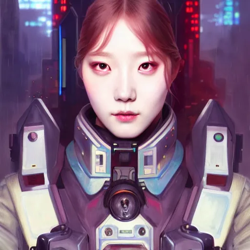 Image similar to portrait painting of cyberpunk chuu from loona as a cheerful smiling mercenary, ultra realistic, concept art, intricate details, eerie, highly detailed, photorealistic, octane render, 8 k, unreal engine. art by artgerm and greg rutkowski and magali villeneuve and alphonse mucha