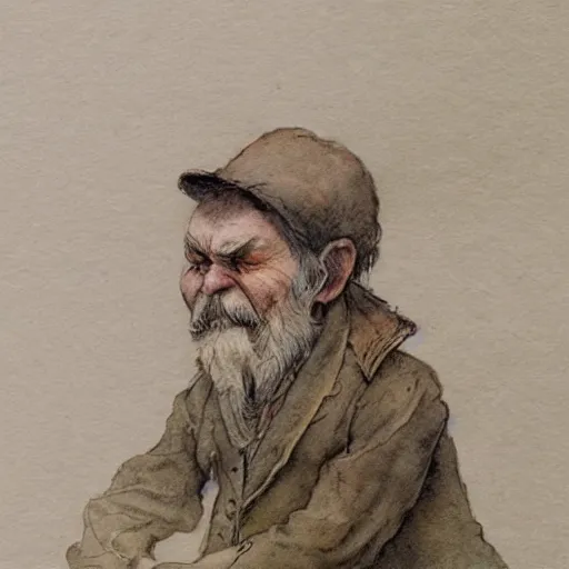 Image similar to a muted color watercolor sketch of a little person story book character by Jean-Baptiste Monge of an old man in the style of by Jean-Baptiste Monge that looks like its by Jean-Baptiste Monge and refencing Jean-Baptiste Monge