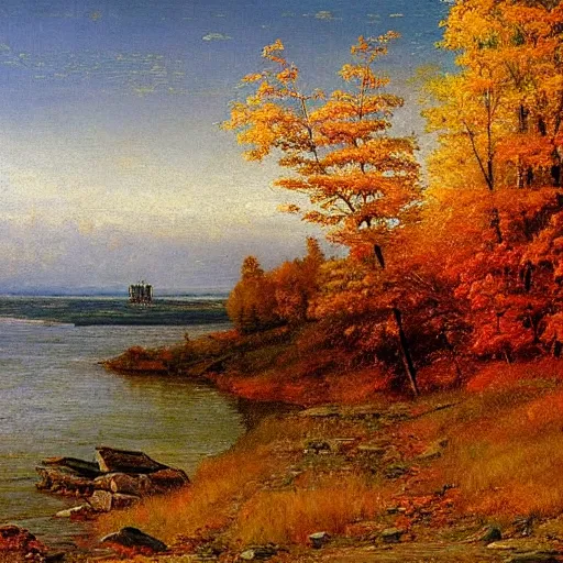 Image similar to Lake Superior in Autumn, Freighter ship in distance, landscape, beautiful artwork by ivan shishkin