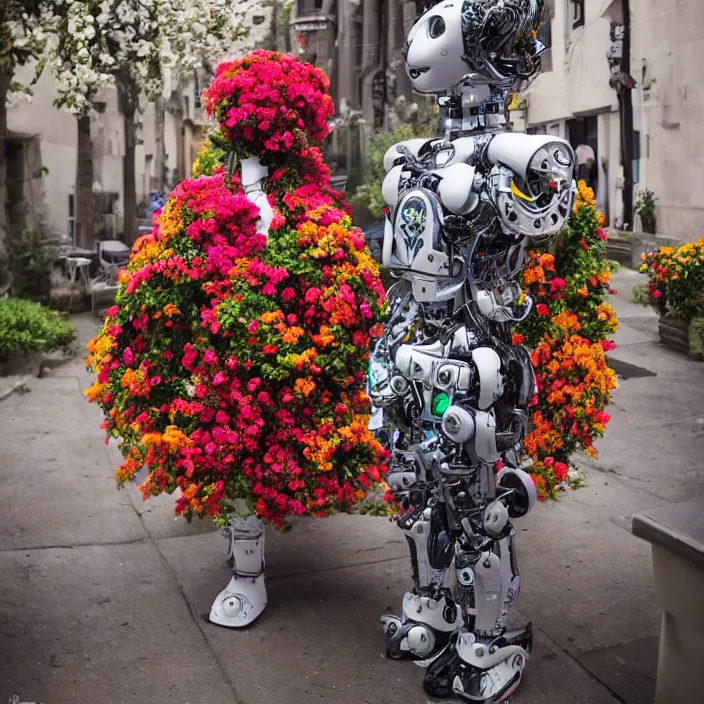 Image similar to a robot wearing a cloak made of flowers, by Omar Z. Robles, CANON Eos C300, ƒ1.8, 35mm, 8K, medium-format print