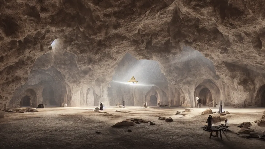 Prompt: A big mosque inside a cave, cinematic lighting, god ray, photorealistic, hyperdetailed 3D matte painting, hyperrealism, hyperrealistic, 8k ultraHD octane render