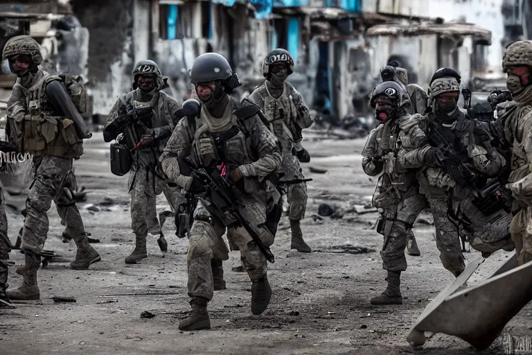 Image similar to Mercenary Special Forces soldiers in grey uniforms with black armored vest and black helmets behind an MRAP in urban warfare in Cambodia as artillery explodes 2022, Canon EOS R3, f/1.4, ISO 200, 1/160s, 8K, RAW, unedited, symmetrical balance, in-frame, combat photography