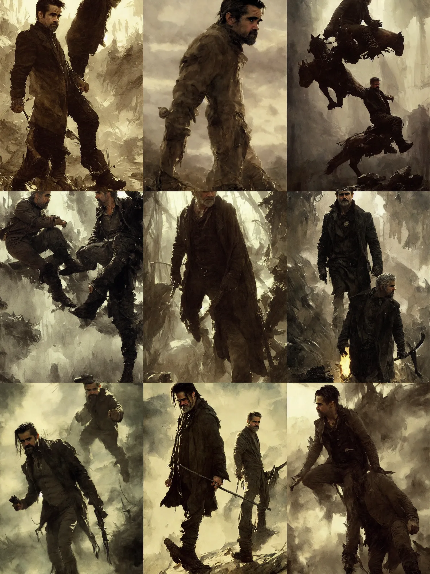 Prompt: colin farrell as old man logan wearing shelby boots, detailed face, heavily detailed, art by anders zorn, wonderful masterpiece by greg rutkowski, beautiful cinematic light, american romanticism thomas lawrence, greg rutkowski