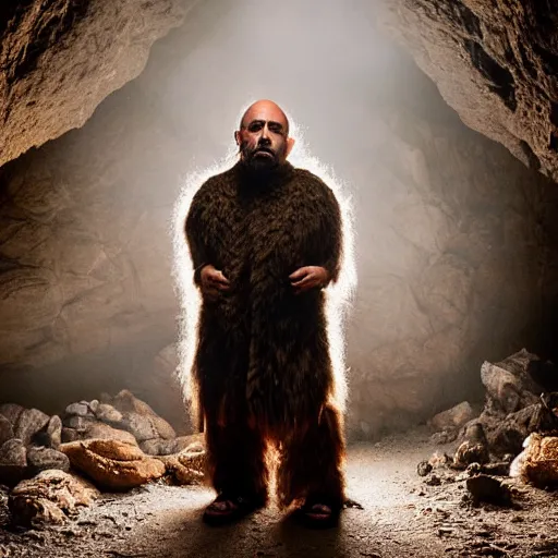 Image similar to Photo portrait Joe Rogan as a neanderthal cave man wrapped in fur cloak lit by fire cave background dramatic lighting 85mm lens by Steve McCurry