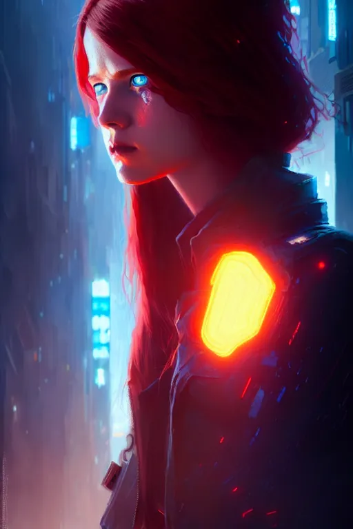 Image similar to a young tall, slender girl, with fiery red hair and bright blue eyes, hyperrealistic face, beautiful eyes, fantasy art, in the style of greg rutkowski, intricate, hyperdetalized, smooth, cyberpunk, tech