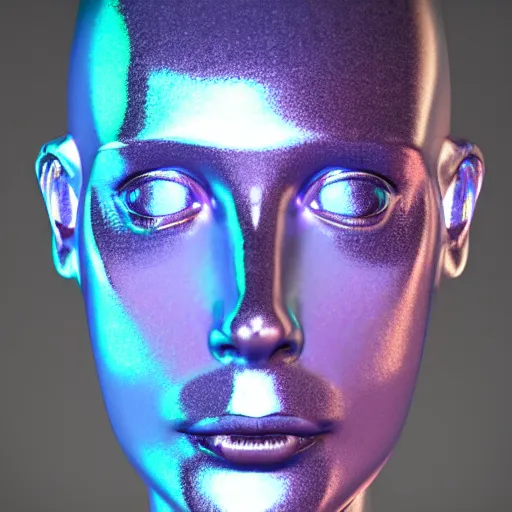 Image similar to 3d render of holographic human robotic head made of glossy iridescent, surrealistic 3d illustration of a human face non-binary, non binary model, 3d model human, cryengine, made of holographic texture, holographic material, holographic rainbow, concept of cyborg and artificial intelligence