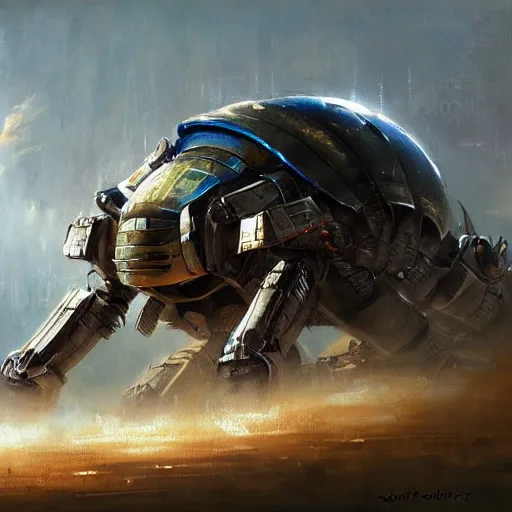 Image similar to giant armored ashigaru beetle mecha concept painting by jessica rossier, hr giger, john berkey