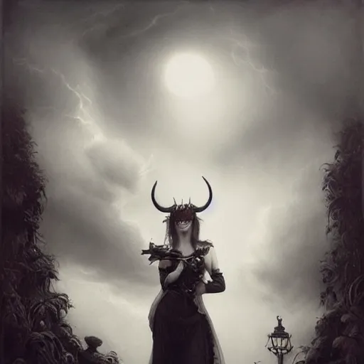 Image similar to By Tom Bagshaw, ultra realist soft painting of carnival curiosities by night, very beautiful single female gothic fully dressed, horns, symmetry accurate features, very intricate details, ominous sky, black and white, volumetric light clouds