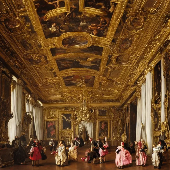 Image similar to fine art, oil on canvas baroque style by diego velasquez. the interior of the palace of versailles in france. fine art in the walls and