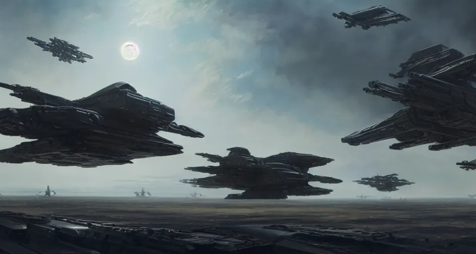 Image similar to hyper realistic sci - fi matte concept art painting of a low flying spaceship over a battlefield filled with mecha and transports, beautiful details, strong composition painted by kim jung guweta studio rutkowski, james gurney and greg rutkowski, and lucasfilm, smooth, intricate, detailed, sharp focus, cinematic