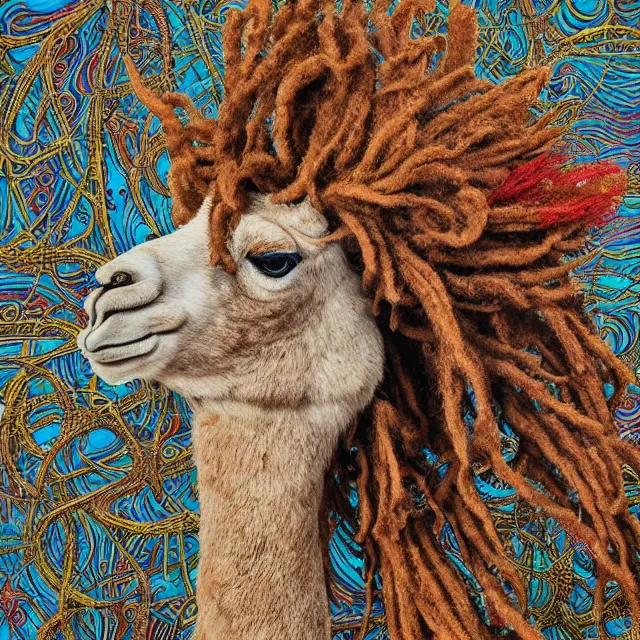 Image similar to llama with dreadlocks, detailed, by ernst haeckel, james jean, el anatsui, mandy jurgens