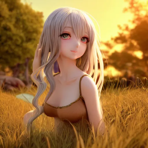 Image similar to nymph render of a very beautiful 3d anime girl, long hair, hazel eyes, cute freckles, full round face, short smile, cute sundress, golden hour, serene beach setting, medium shot, mid-shot, highly detailed, trending on Artstation, Unreal Engine 4k