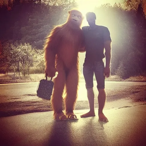 Image similar to a sasquatch and a human pose for a picture together, instagram post, selfie, well - lit