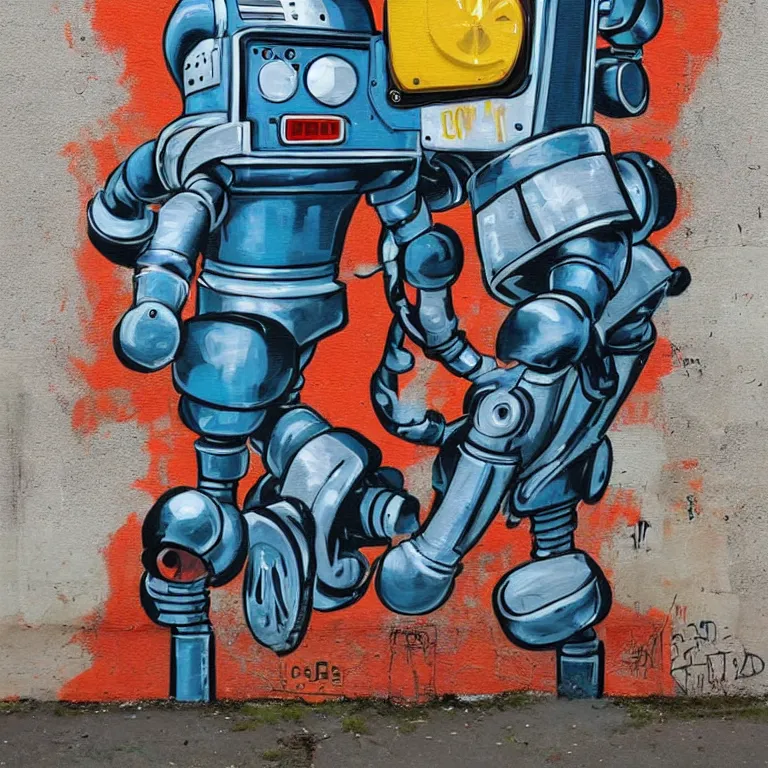 Image similar to Street-art painting of Soviet robot in style of retro futurism, photorealism