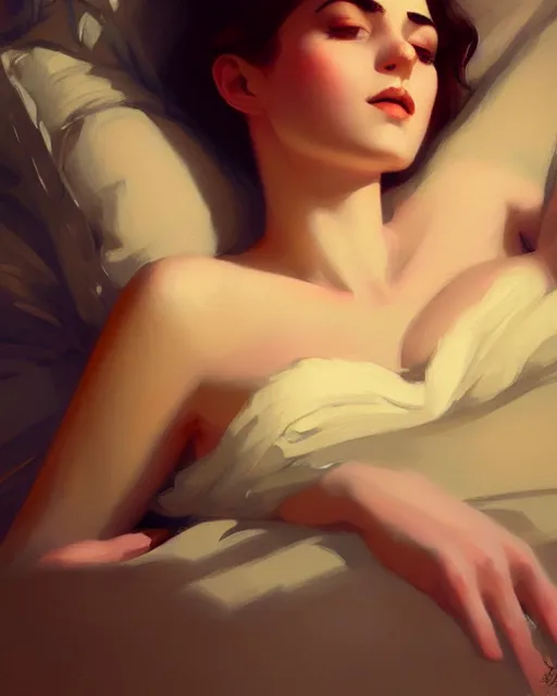 Image similar to stylized portrait by aykutmakut of an artistic pose, composition, young victorian sleeping fancy lady in bed, cinematic moody colors, realistic shaded, fine details, realistic shaded lighting poster by ilya kuvshinov, magali villeneuve, artgerm, jeremy lipkin and michael garmash and rob rey