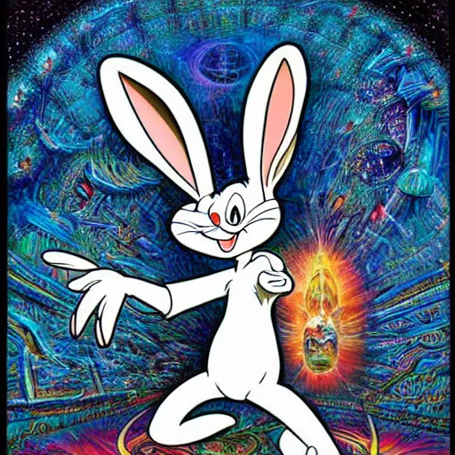 Image similar to Bugs bunny x holding an uzi painting by android jones in the style of cosmic christ by alex grey