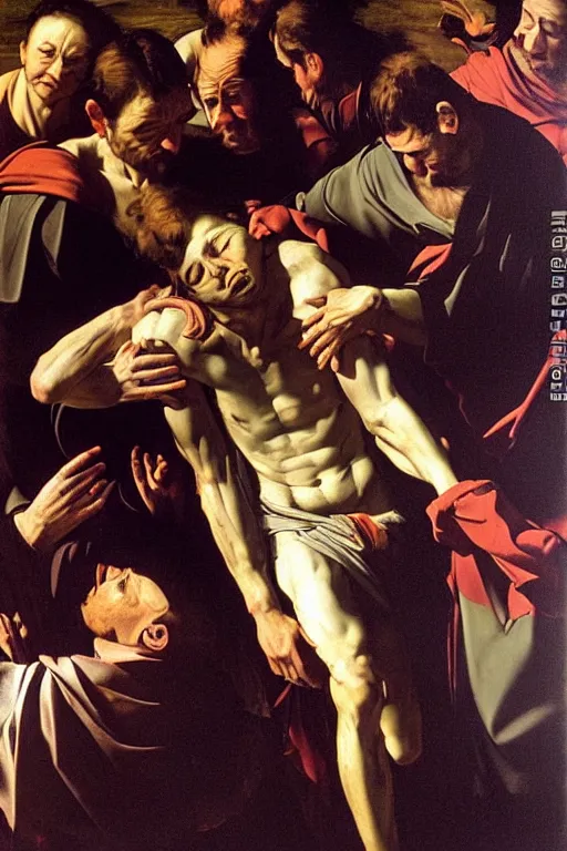 Image similar to a highly realistic oil painting of The Descent from the Cross, vey detailed faces, landscape background, chiaroscuro, by Caravaggio