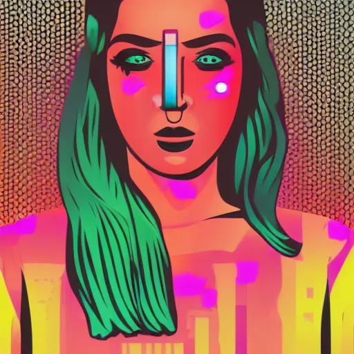 Prompt: a woman with a tatoo of semi colon on her face, in retro colors, synthwave style, 2 d digital vector art