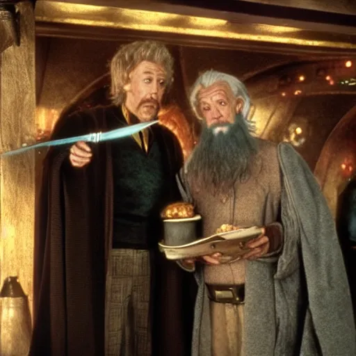 Image similar to harry potter and gandalf in quark's bar on deep space nine