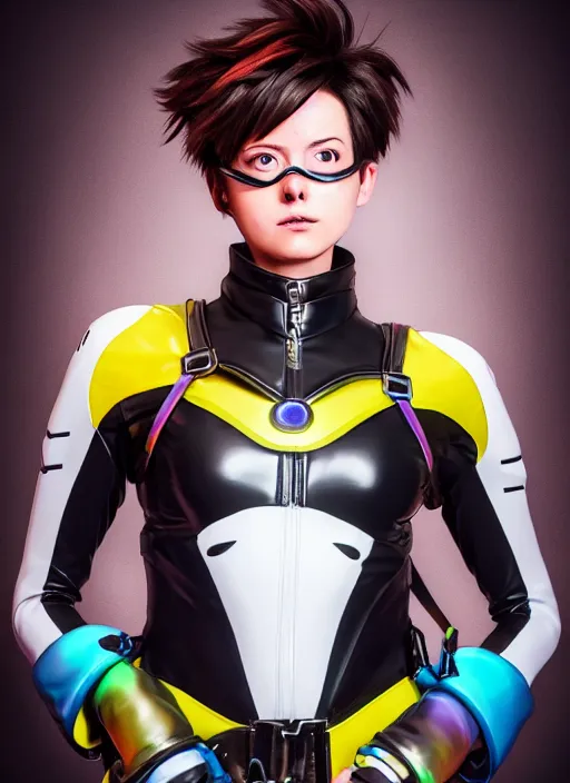 Prompt: overwatch style oil painting portrait of tracer overwatch, confident pose, wearing black iridescent rainbow latex, rainbow, neon, 4 k, expressive surprised expression, makeup, wearing detailed black leather collar, wearing sleek armor, studio lighting, black leather harness, expressive detailed face and eyes,