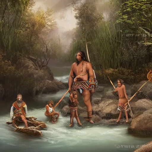 Image similar to a unique native tribal family standing on the banks of a river fantasy concept art detailed high resolution