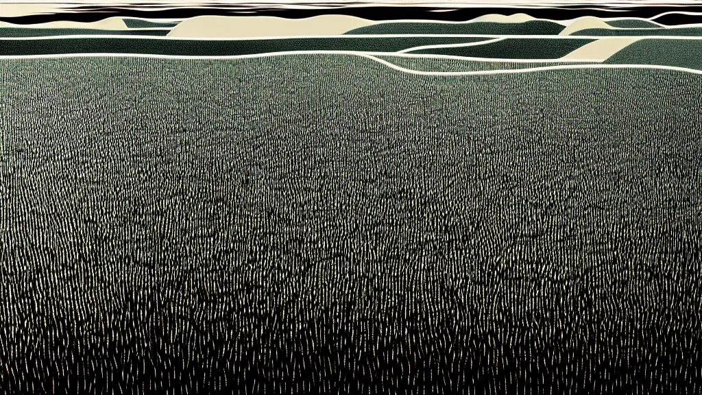 Image similar to dramatic landscape of rice fields of toyama, japan, a collage painting, in the style of wes anderson, lola dupre, david hockney, isolated on negative white space background dark monochrome neon fluorescent spraypaint accents volumetric octane render