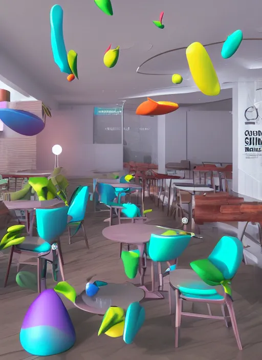 Prompt: flying 3 d organic objects, spline colorful, morphing objects, vray render, coffee shop interior