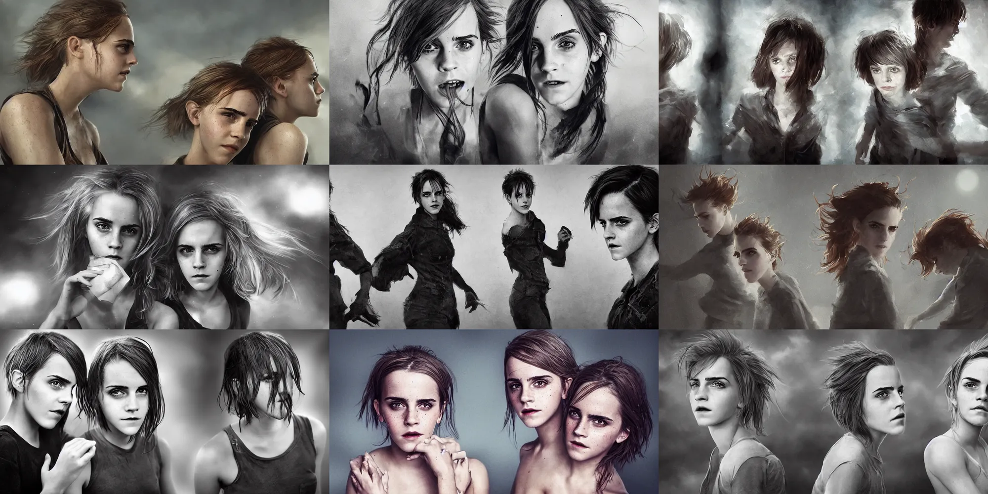 Image similar to portrait emma watson short spiky hair identical twins screaming greg rutkowski!!! greg rutkowski!!! lois van baarle loish ross tran james gurney james gurney canon eos david bailey!!! david bailey!!!! corinne day cinematic filmic photorealistic hyperdetailed cinematic lighting canon fujifilm sony alpha nikon