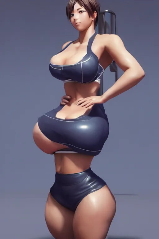 Image similar to photorealistic 3 d render of of an impossibly curvy anime girl wearing a gym outfit, by artgerm and earl norem, featured on pixiv, booru, exaggerated proportions, high resolution digital art, 4 k, beautiful symmetric face, subsurface scattering, volumetric lighting, realistic skin texture