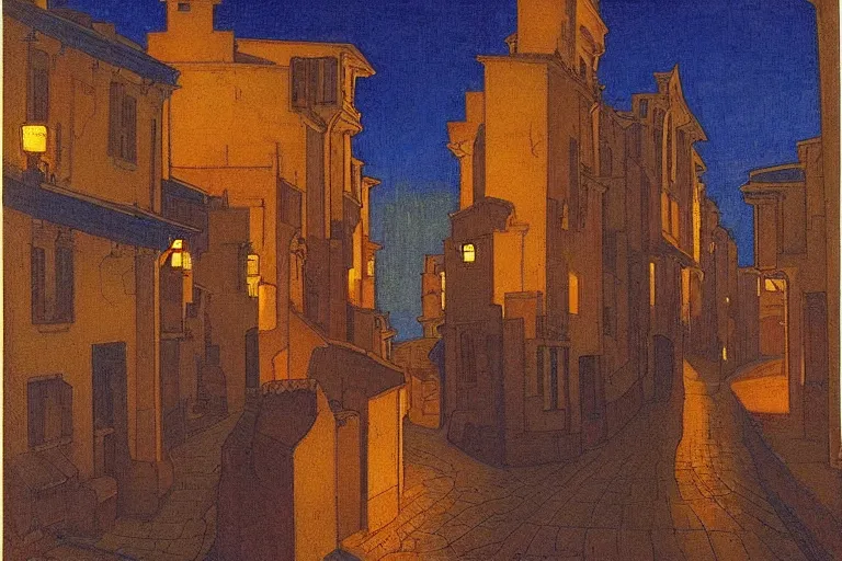 Prompt: winding street at twilight in a very old city by George Price Boyce and Nicholas Roerich and jean delville, glowing paper lanterns, strong dramatic cinematic lighting , ornate tiled architecture, lost civilizations, smooth, sharp focus, extremely detailed