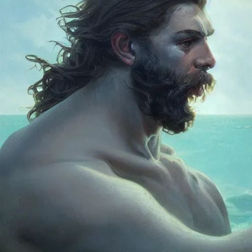 Image similar to ''face portrait of poseidon from greek mythology, sea background, greece, fantasy, dungeons and dragons, d & d, digital painting, artstation, concept art, sharp focus, illustration, art by greg rutkowski and alphonse mucha''