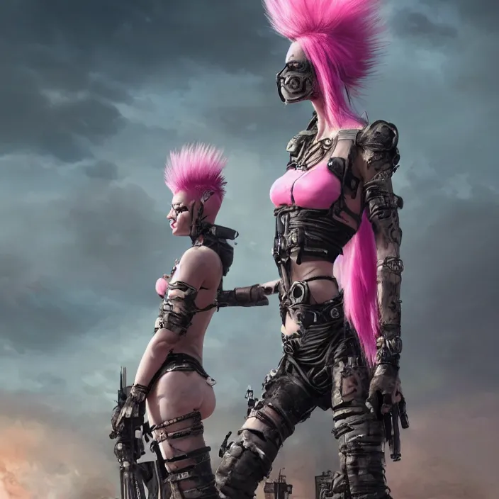 Image similar to beautiful apocalyptic woman with pink Mohawk, standing on mad max panzer tank, 4k ultra hd, fantasy dark art, tank girl, artstation, octane render, elegant, detailed digital painting