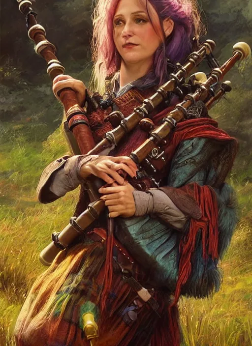 Prompt: female bard playing bagpipe, ultra detailed fantasy, dndbeyond, bright, colourful, realistic, dnd character portrait, full body, pathfinder, pinterest, art by ralph horsley, dnd, rpg, lotr game design fanart by concept art, behance hd, artstation, deviantart, hdr render in unreal engine 5