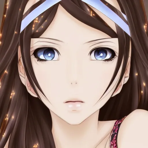 Prompt: advanced digital anime art, a girl with long,straight brown hair decorated with a flashy hair band adorning her perfectly proportioned face, pale skin and brown eyes.