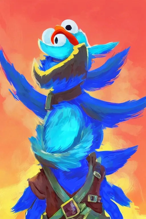 Image similar to an in game portrait of elmo from the legend of zelda breath of the wild, breath of the wild art style.