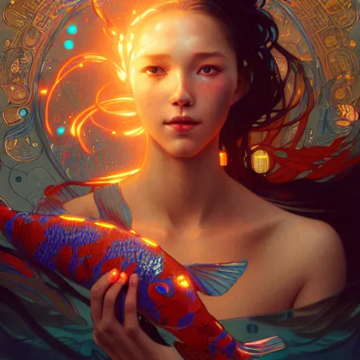 Prompt: Portrait of a cyborg girl surrounded by glowing Koi fish, face, fantasy, intricate, elegant, highly detailed, digital painting, artstation, concept art, smooth, sharp focus, illustration, art by Krenz Cushart and Artem Demura and alphonse mucha