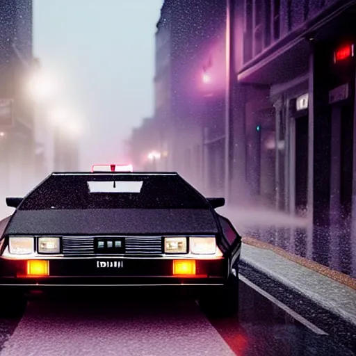 Image similar to hyperdetailed, photorealistic photograph of a dmc 1 2 delorean driving in the streets, rain, night, dense fog, hd, unreal engine 5