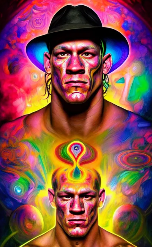 Image similar to An extremely psychedelic celestial John Cena in his black fedora hat, colorful, surreal, dramatic lighting, magic mushrooms, psilocybin, LSD, face, detailed, intricate, elegant, highly detailed, digital painting, artstation, concept art, smooth, sharp focus, illustration, art by Krenz Cushart and Artem Demura and alphonse mucha