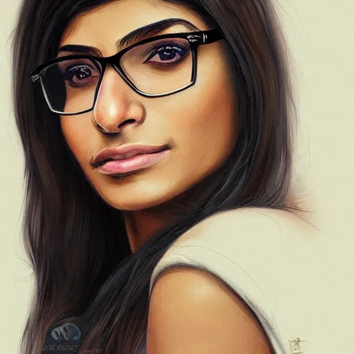 Image similar to a well designed portrait of Mia Khalifa, detailed, realistic, sketch style, Artstation,Greg Rutkowski, 8K resolution.