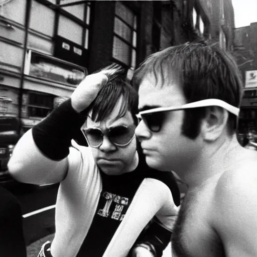 Prompt: elton john fighting in the street. Photograph by associated press. 1973.