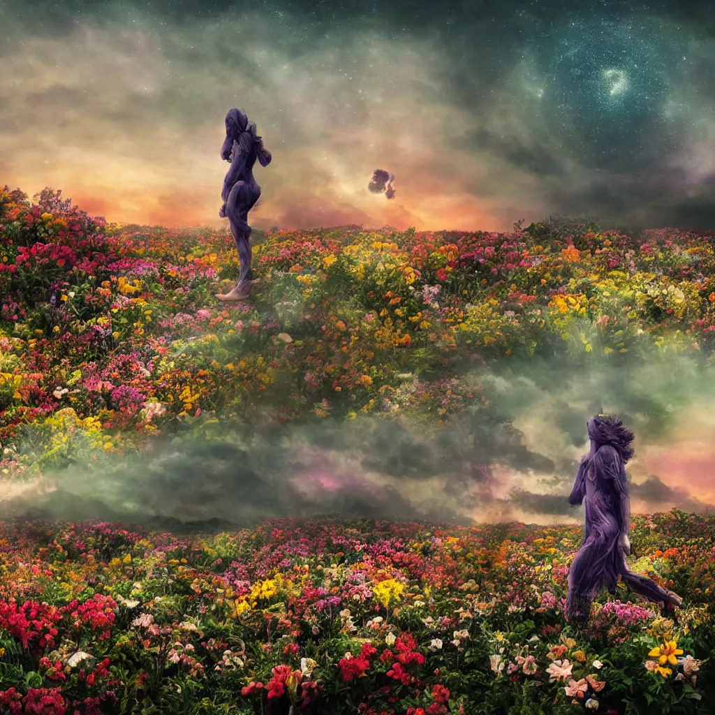 Image similar to a planet of various flowers, fungus and plants, in which the human figure is dressed in something magical and impressive, inside the picture is infinity, sunset light, Atmospheric phenomenon, artistic photography, muted colors, conceptual, long exposure outside the city