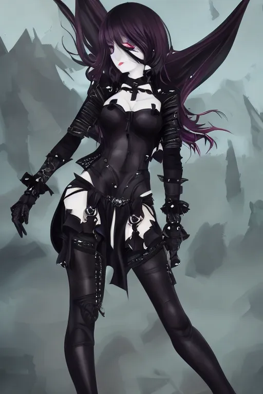 Image similar to pretty gothic lady wearing a full set of black armor and wearing black stockings, fullbody art, drawn by WLOP, by Avetetsuya Studios, anime still, trending on artstation