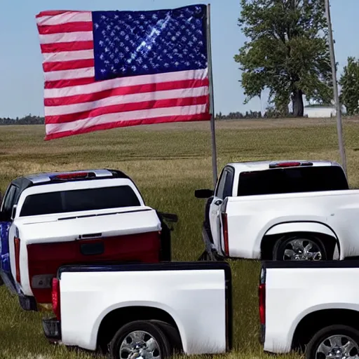 Prompt: photo of trumo pickup trucks with american flags battling biden pickup trucks with american flags. guns can be seen. there is a large battle.