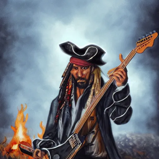 Image similar to a pirate playing an electric guitar in hell