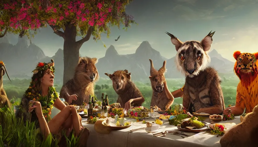 Image similar to a table dinner of exotic animals where animals are dressed like the characters from the midsommar movie wearing flowers, realistic detailed digital art by maxwell boas jessica rossier christian dimitrov anton fadeev trending on artstation cgsociety rendered in unreal engine 4 k hq