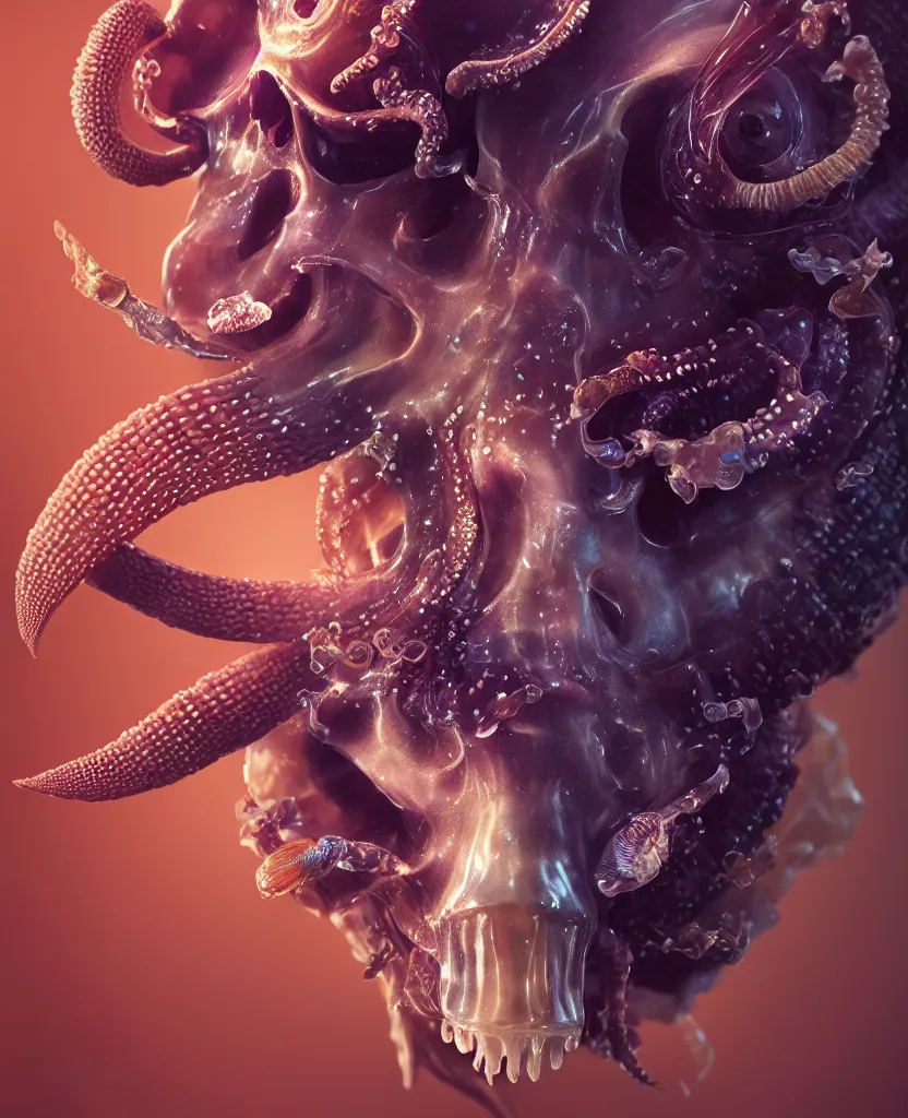 Image similar to goddess close-up portrait animal skull. jellyfish phoenix head, nautilus, orchid, skull, betta fish, bioluminiscent creatures, intricate artwork by Tooth Wu and wlop and beeple. octane render, trending on artstation, greg rutkowski very coherent symmetrical artwork. cinematic, hyper realism, high detail, octane render, 8k