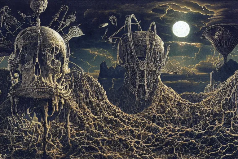 Image similar to a surreal and awe - inspiring science fiction landscape, full moon like skull, intricate, elegant, highly detailed matte painting by ernst haeckel and mark brooks