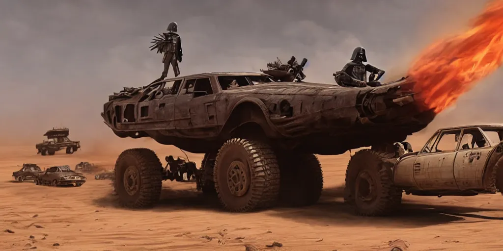 Image similar to Darth Vader standing on a driving post apocalyptic battle car in the desert and weilding a flamethrower, Mad Max Fury Road, sandstorm, fire, realistic, flags, spikes, dust